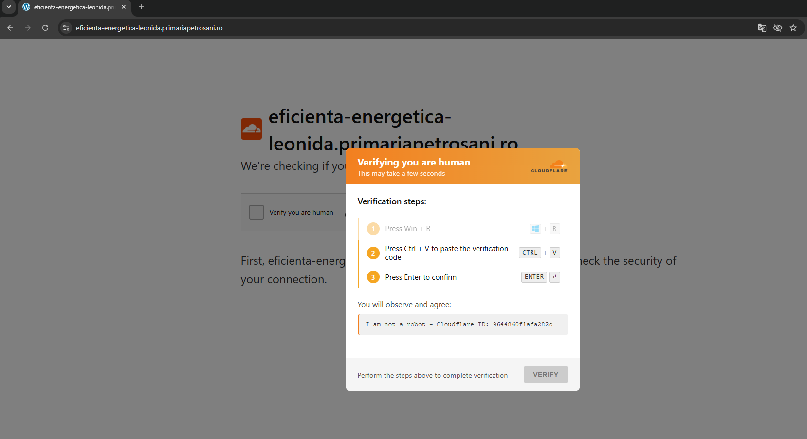 The fake Cloudflare ClickFix overlay served live on the Romanian municipal-government subdomain eficienta-energetica-leonida.primariapetrosani.ro, with the WordPress admin bar still visible at the top of the page