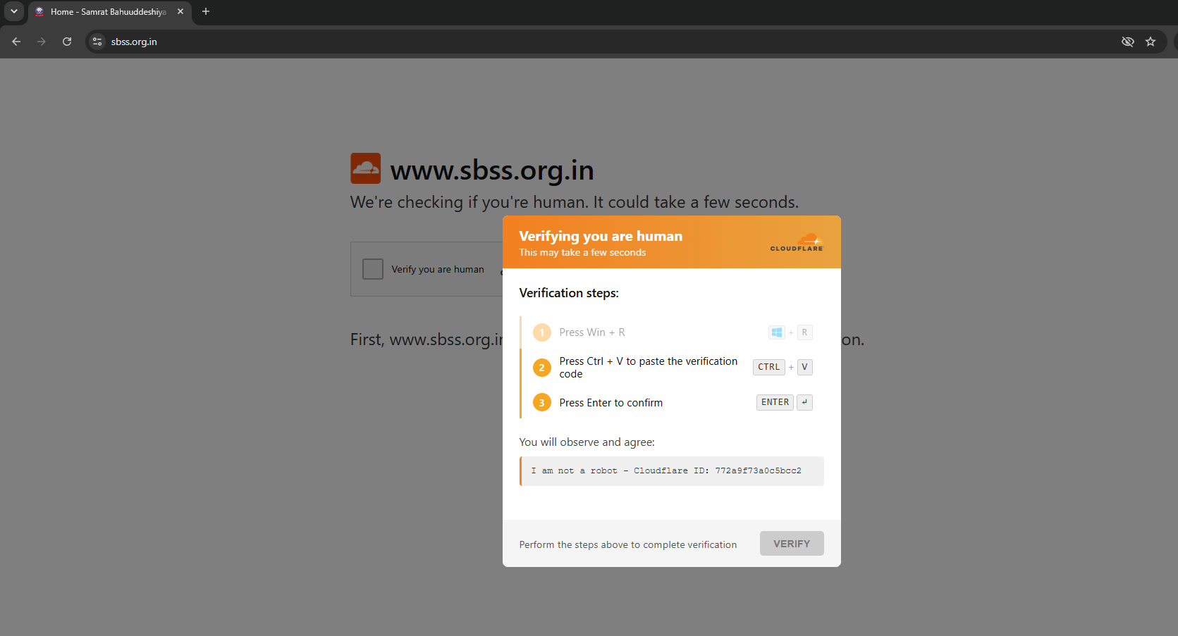 The fake Cloudflare ‘Verify you are human’ overlay served on the real www.sbss.org.in site, showing the three-step instruction strip: press Win+R, press Ctrl+V to paste the verification code, press Enter to confirm