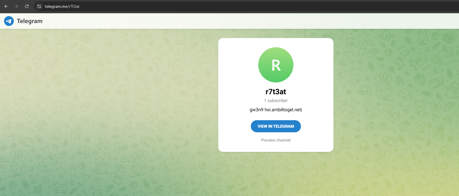 The Telegram dead-drop channel r7t3at with one subscriber, whose description field contains the encoded C2 host in the ambiltogel[.]net domain