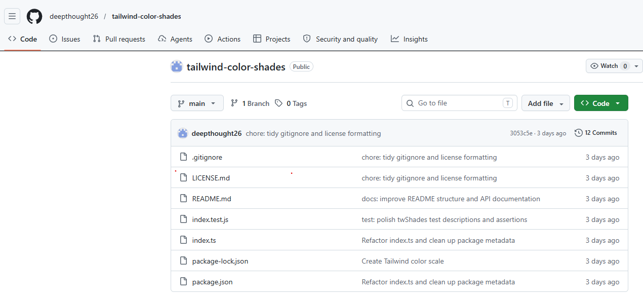 The deepthought26/tailwind-color-shades GitHub repository with an innocuous commit history