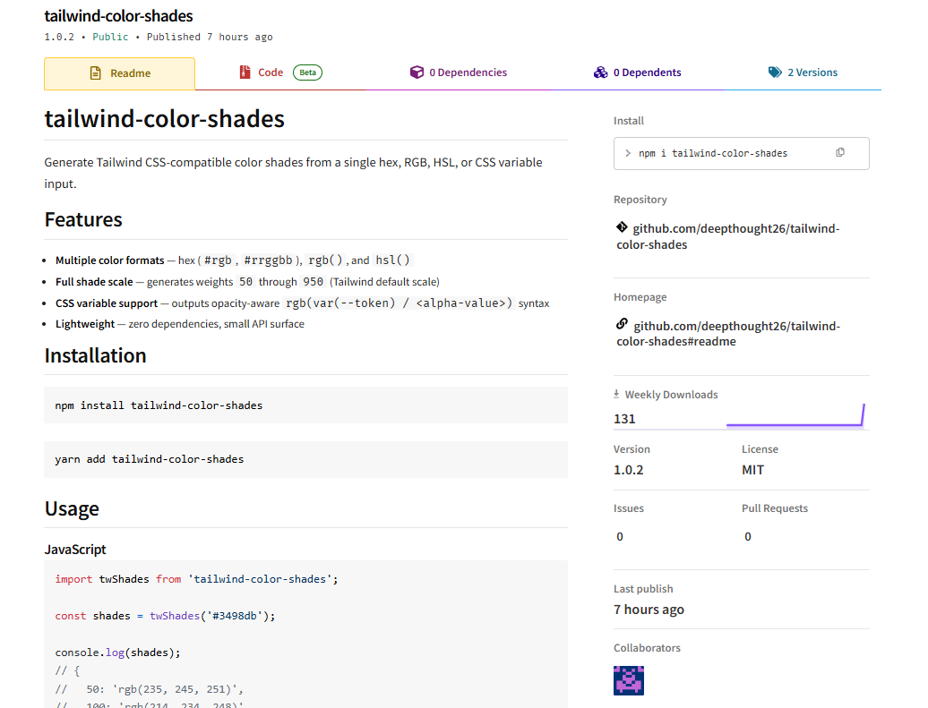 The tailwind-color-shades npm page: a polished, working Tailwind colour-shade utility published by deepthought26